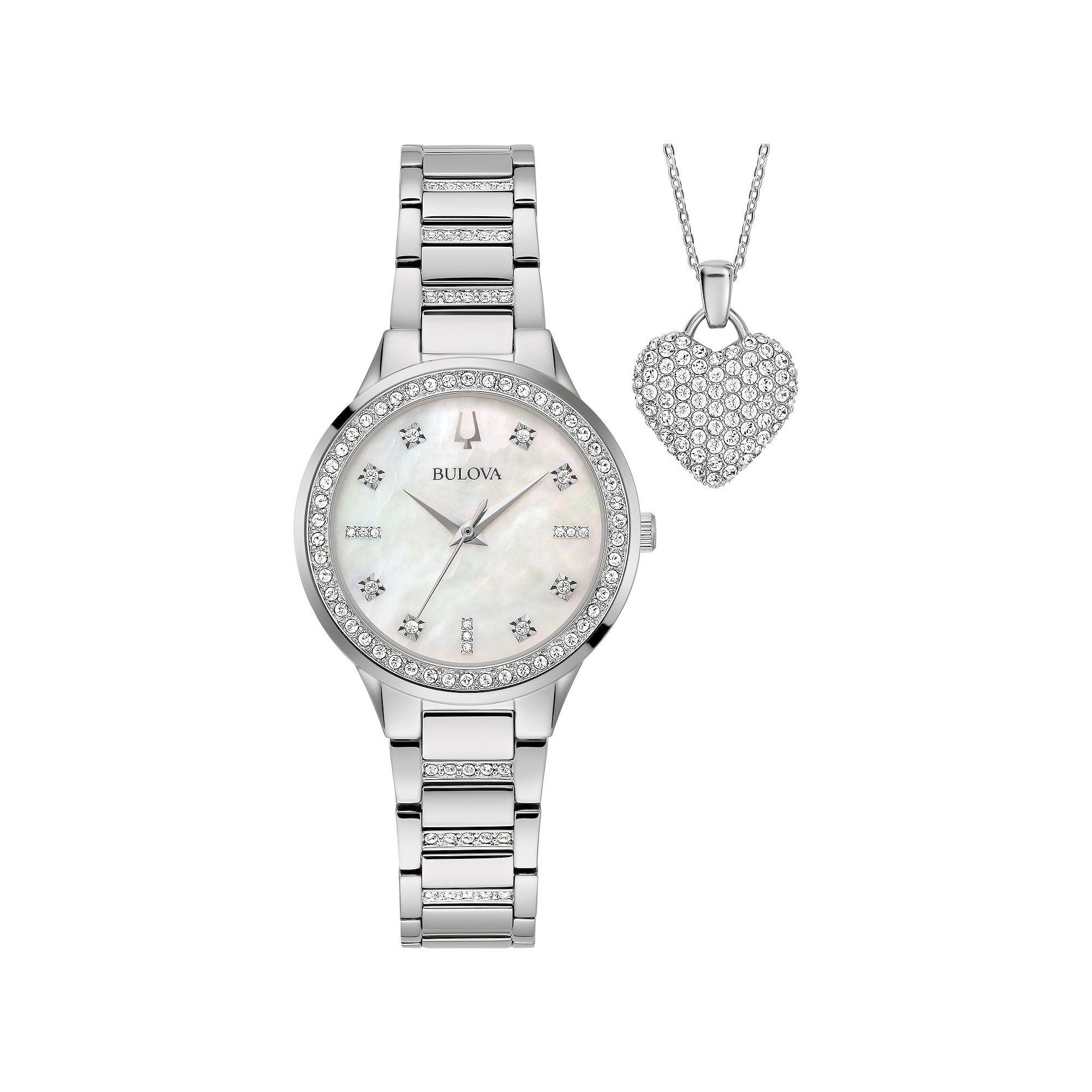 Bulova Womens Stainless Steel Crystal Accent Bracelet Watch & Crystal Heart Necklace Box Set - 96X162 White Product Image