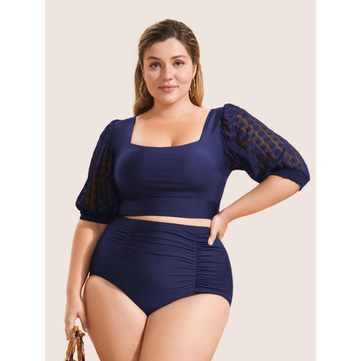 Plus Size Square Neck Patchwork See Through Swim Top Women's Swimwear Indigo Beach See through High stretch Skinny Square Neck Curve Swim Tops BloomChic 22-24/3X Product Image