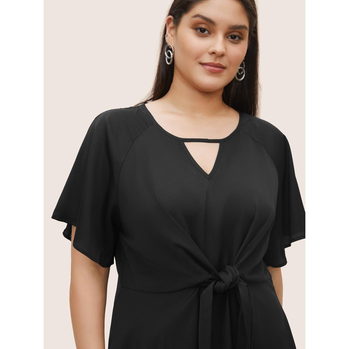 Plus Size Black Plain Keyhole Knotted Front Ruffle Sleeve Blouse Women Office Short sleeve Round Neck Office Blouses BloomChic 22-24/3X Product Image
