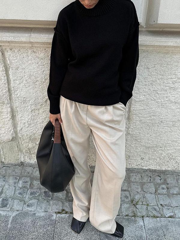 Long Sleeves Loose Solid Color Split-Joint High Neck Pullovers Sweater Tops Product Image