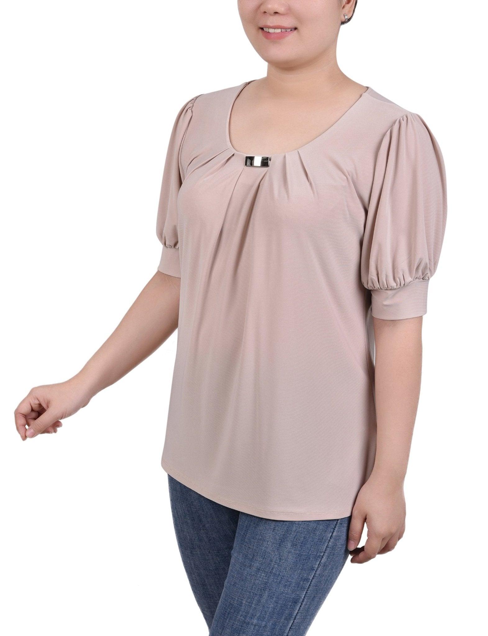 Oxford Tan Short Sleeve Balloon Sleeve Top With Hardware Product Image