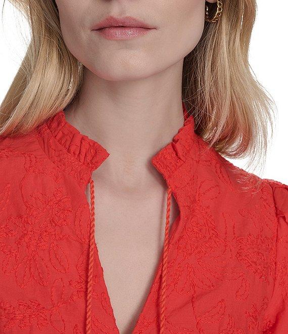 Eliza J Ruffle Stand Collar Short Puff Sleeve Emrboidered Cotton Fit & Flare Dress Product Image