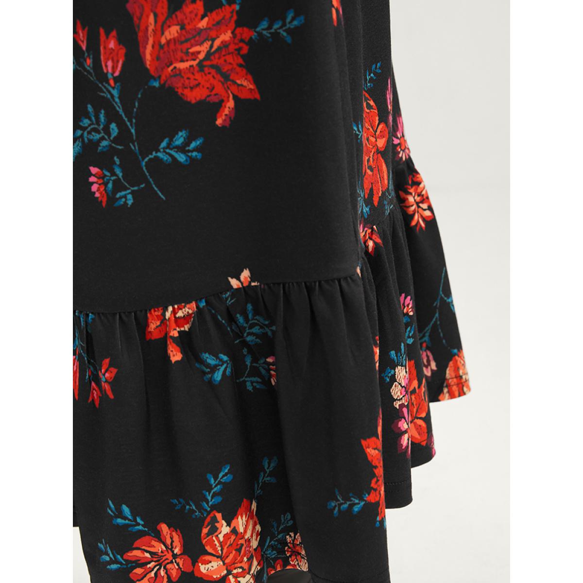 Plus Size Floral Print V Neck Pocket Flutter Hem Dress Without Belt Multicolor Women Elegant Pocket V-neck Long Sleeve Curvy Midi Dress BloomChic 18-20/2X Product Image