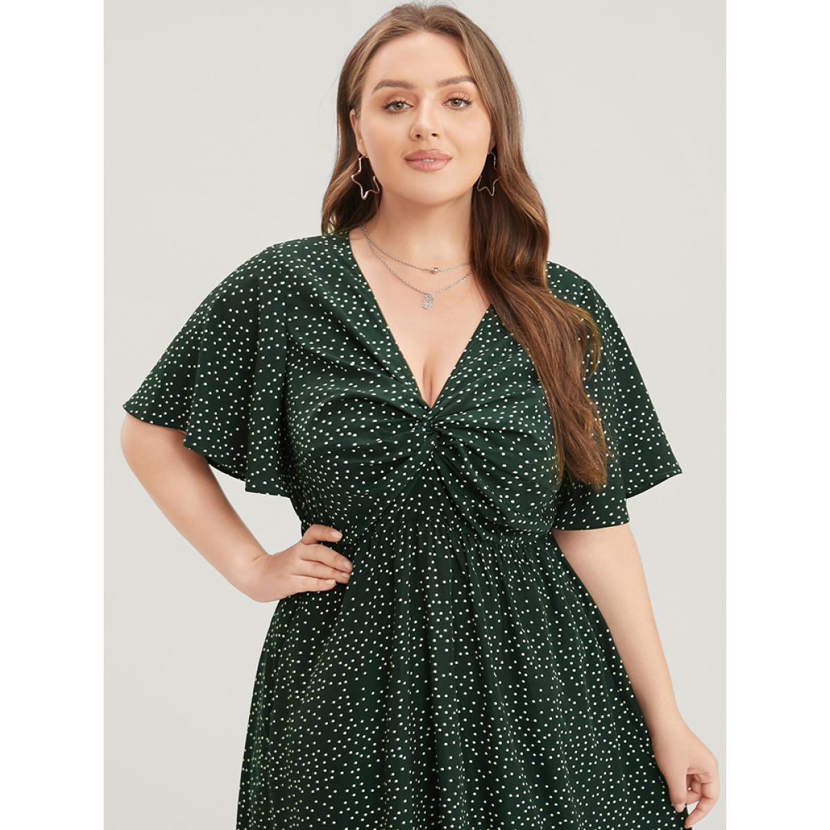Plus Size Polka Dot Twist Front Pocket Flutter Hem Dress DarkGreen Women Elegant Pocket V-neck Short sleeve Curvy Midi Dress BloomChic 26/4X Product Image