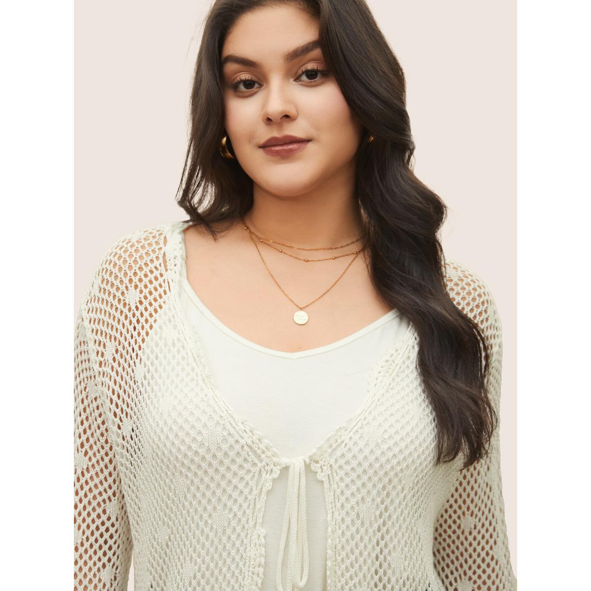 Plus Size Pointelle Knit Ties Lace Panel Bell Sleeve Cardigan Ivory Women Everyday Casual Cover Ups Bloomchic 28/5X Product Image