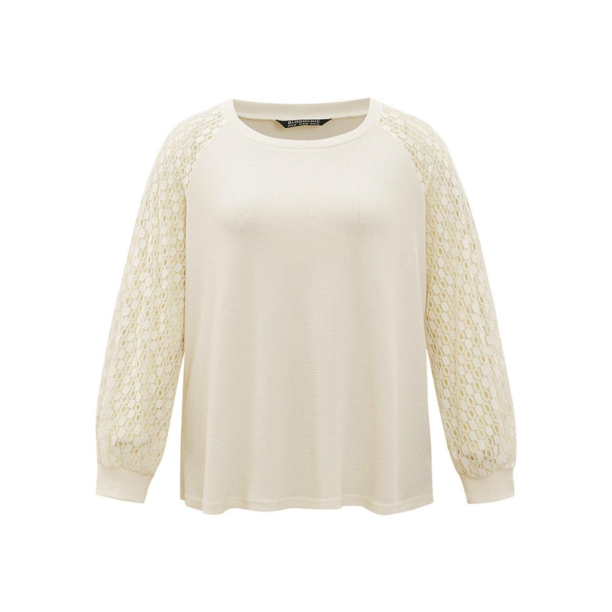 Plus Size Lace Panel Raglan Sleeve Waffle Knit Sweatshirt Women Ivory Elegant Patchwork Round Neck Dailywear Sweatshirts BloomChic 14-16/1X Product Image