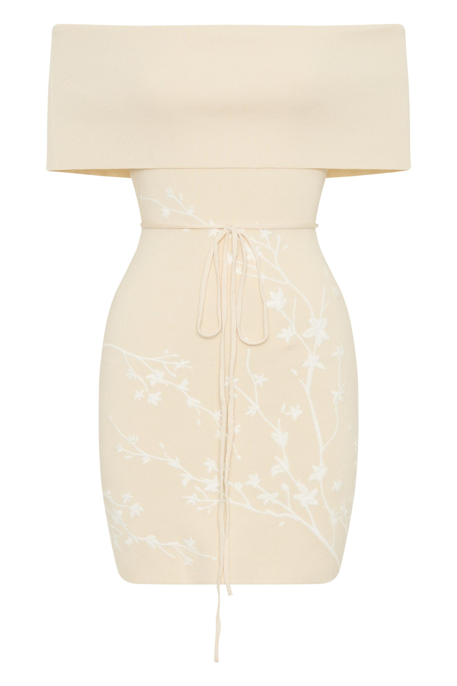 Mallory Off Shoulder Embroidered Knit Mini Dress - Cream And Ivory Product Image