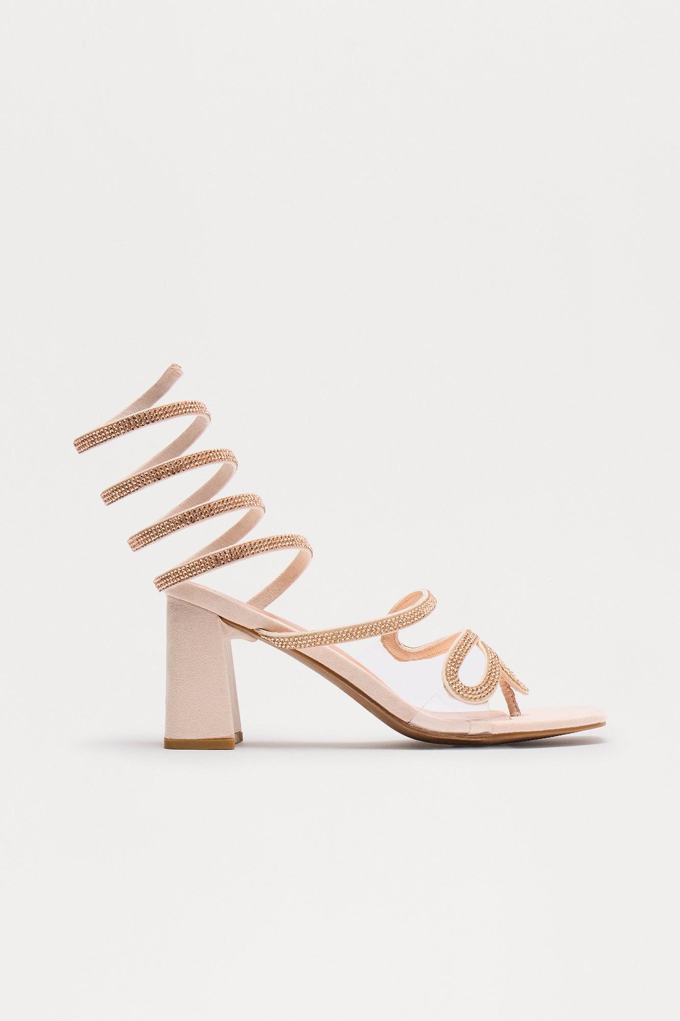 Vana Rhinestone Wrap Up Heels - Nude Product Image
