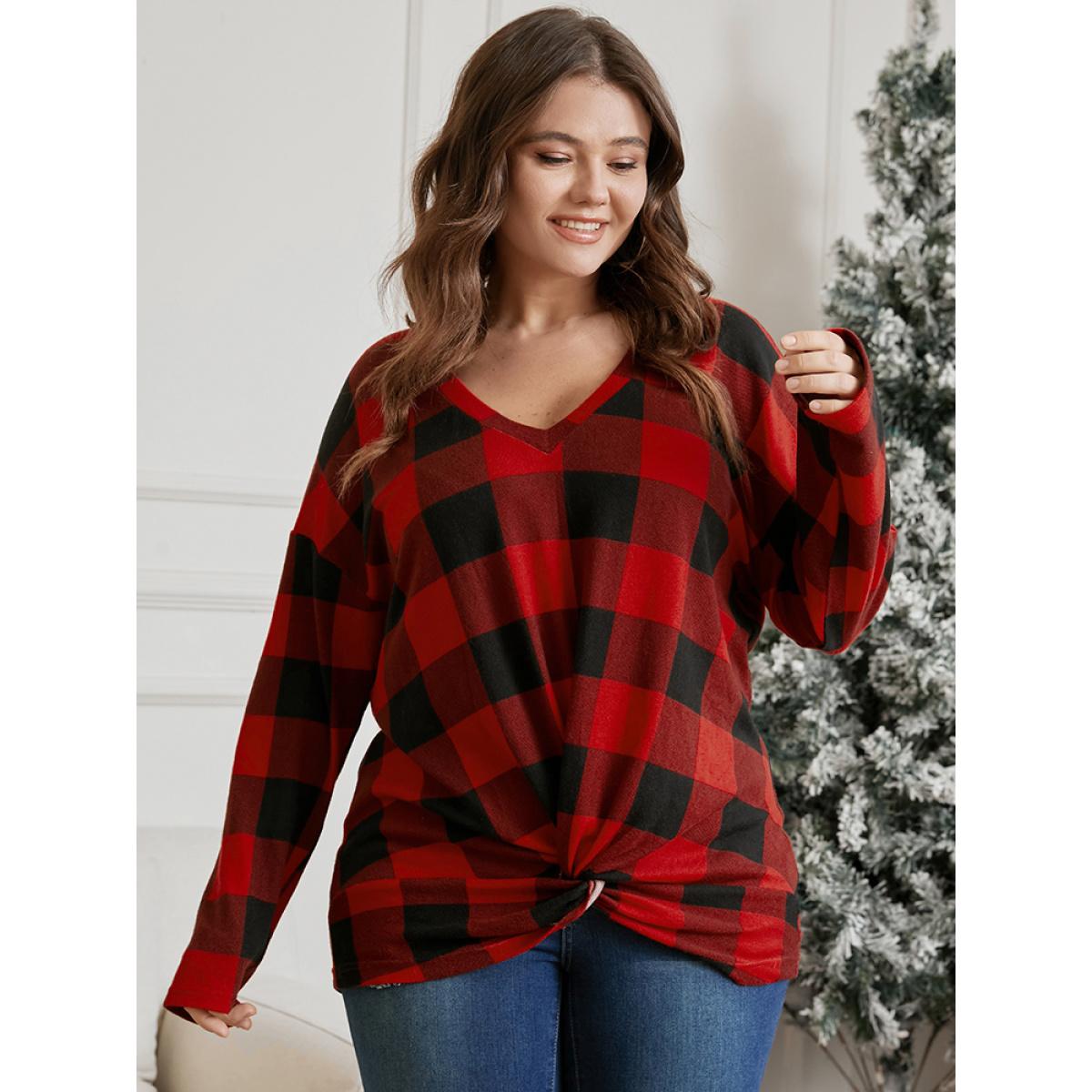Plus Size Plaid Twist Front Long Tee Raspberry Women Elegant Twist-front Plaid V-neck Dailywear T-shirts BloomChic 26/4X Product Image