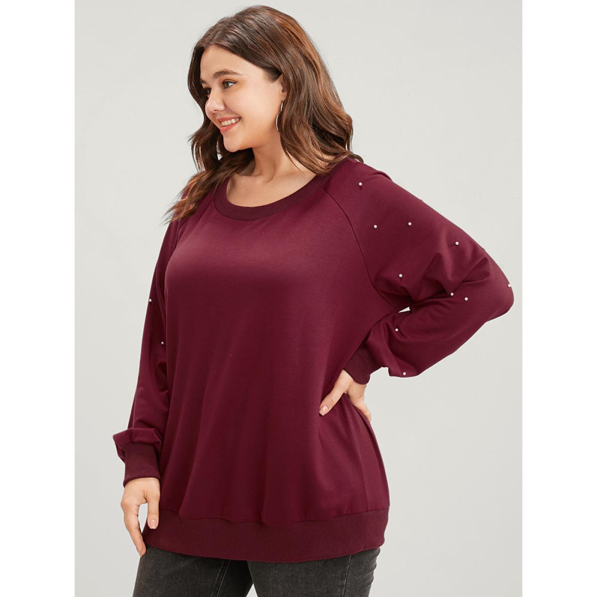 Plus Size Solid Pearls Beaded Raglan Sleeve Drop Shoulder Sweatshirt Women Scarlet Elegant Beaded Round Neck Dailywear Sweatshirts BloomChic 30/6X Product Image