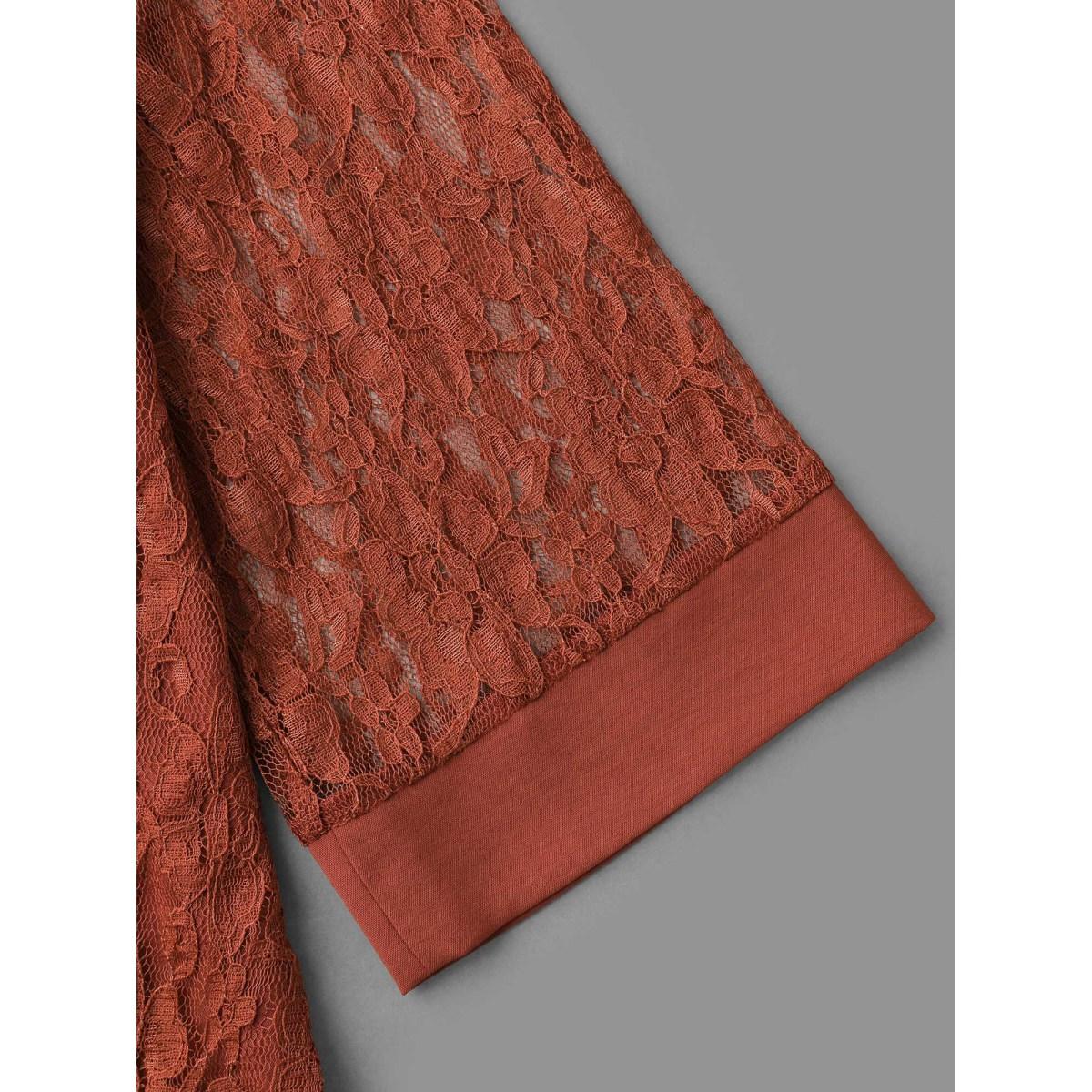 Plus Size Rust Sheer Lace Sleeve Open-Front Design Blouse Women Elegant Elbow-length sleeve Round Neck Everyday Blouses BloomChic 30/6X Product Image