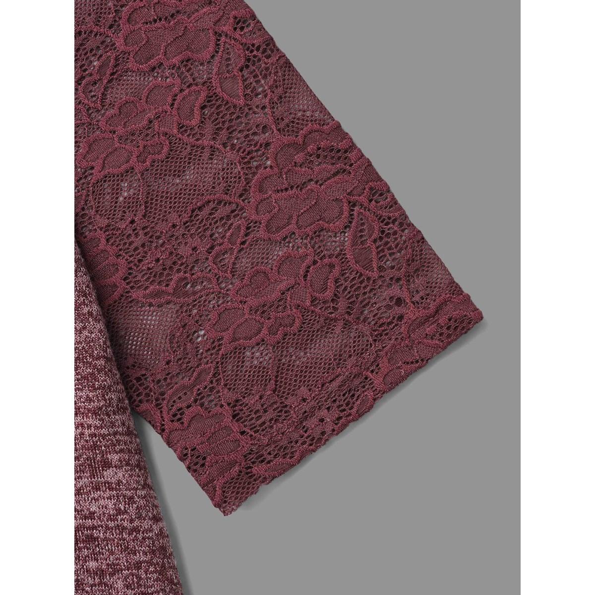 Plus Size Heather Lace Patchwork Mesh Midi Dress Burgundy Women Elegant Woven ribbon&lace trim Round Neck Elbow-length sleeve Curvy BloomChic 18-20/2X Product Image