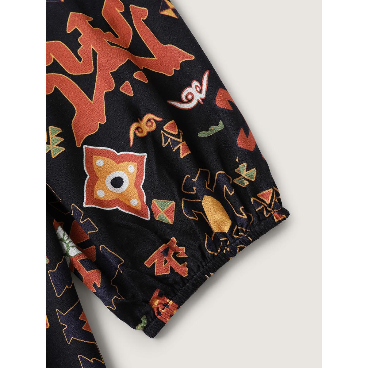 Plus Size Black Boho Geometric Pattern Split Neck Blouse Women Boho Long Sleeve Flat collar with V-notch Vacation Blouses BloomChic 10/M Product Image