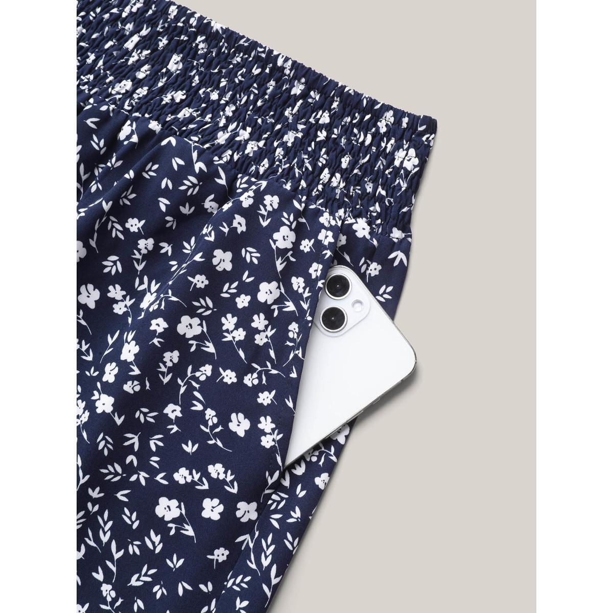 Plus Size Ditsy Floral Print Shirred Wide-Leg Pants Women Indigo Elegant Wide Leg Mid Rise Everyday Pants BloomChic 18-20/2X Product Image