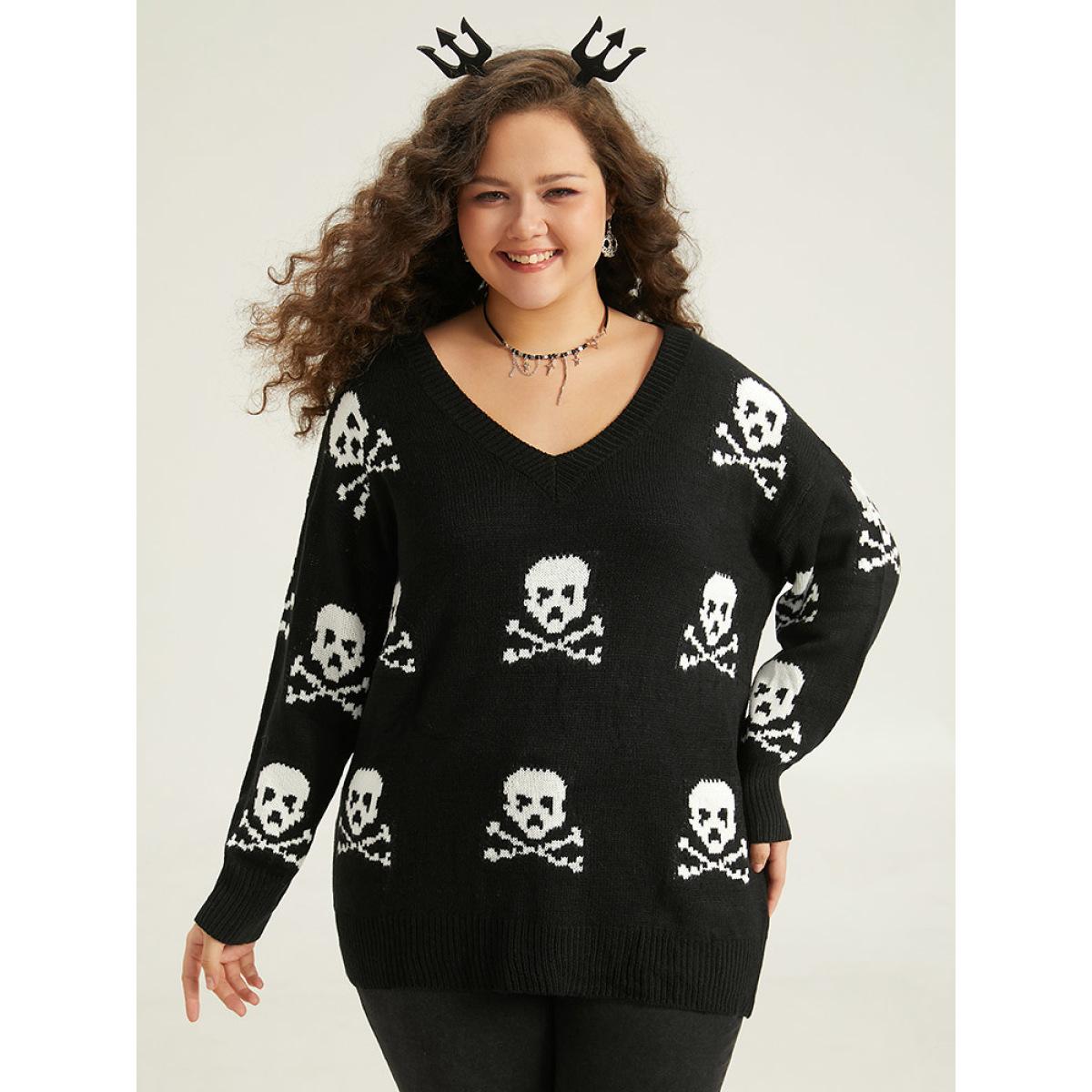 Plus Size Halloween Elastic Cuffs Skull Print Pullover Black Women Casual Loose Long Sleeve V-neck Dailywear Pullovers BloomChic 26/4X Product Image