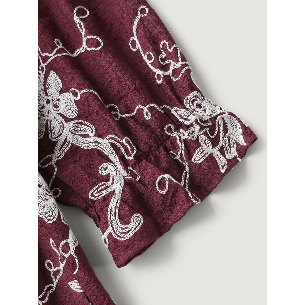 Plus Size Floral Embroidered Stretchy Waist Midi Dress Deeppurplered Women Boho V-neck Half Sleeve Curvy BloomChic 14-16/1X Product Image