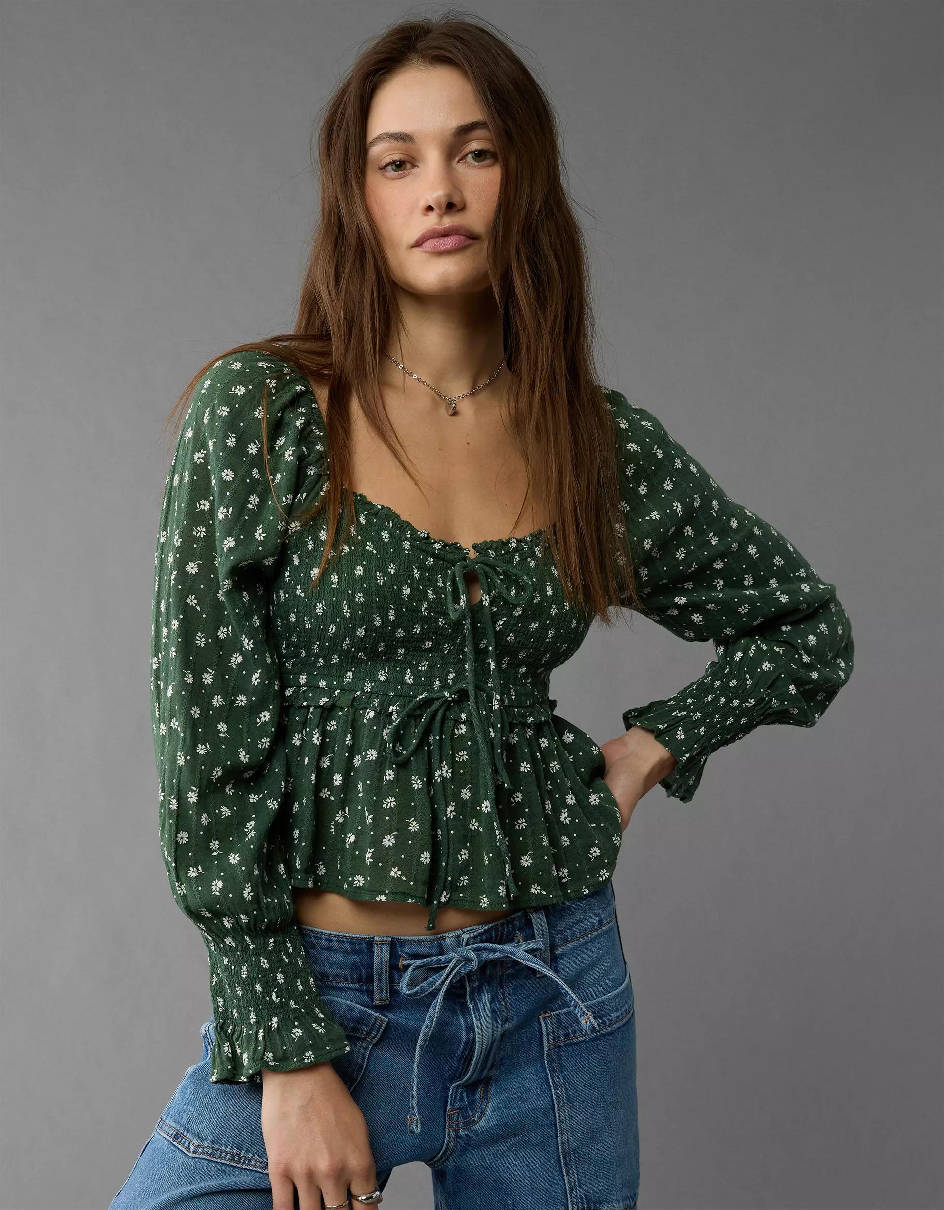 AE Long-Sleeve Smocked Tie Front Blouse Product Image