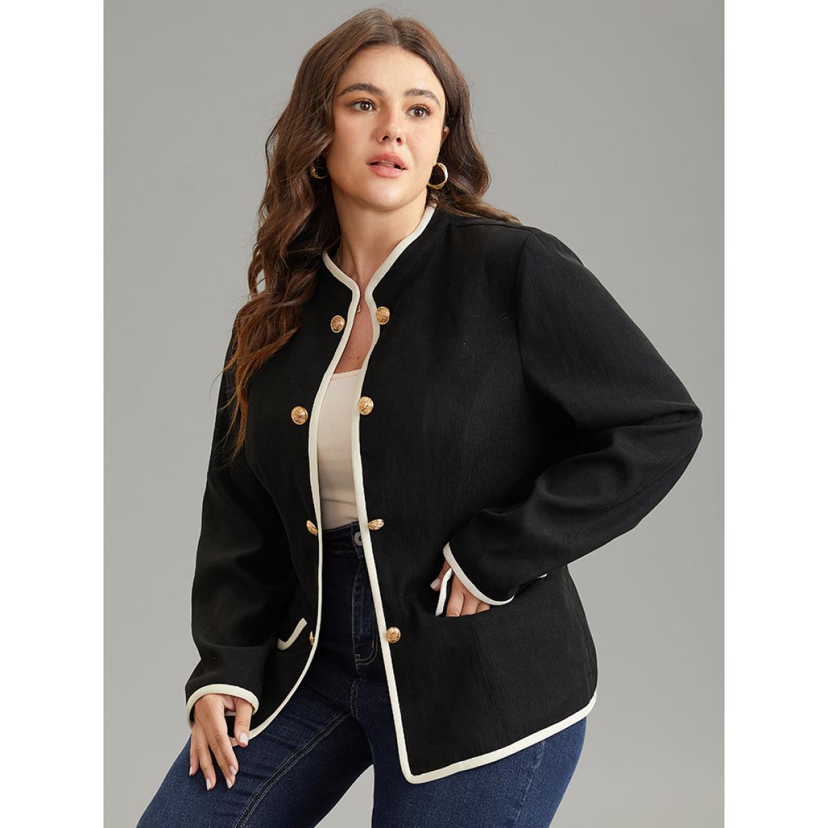Plus Size Corduroy Metal Detail Contrast Trim Flap Pocket Blazer Women Black Office Lined Ladies Work Winter Coats BloomChic 12/L Product Image