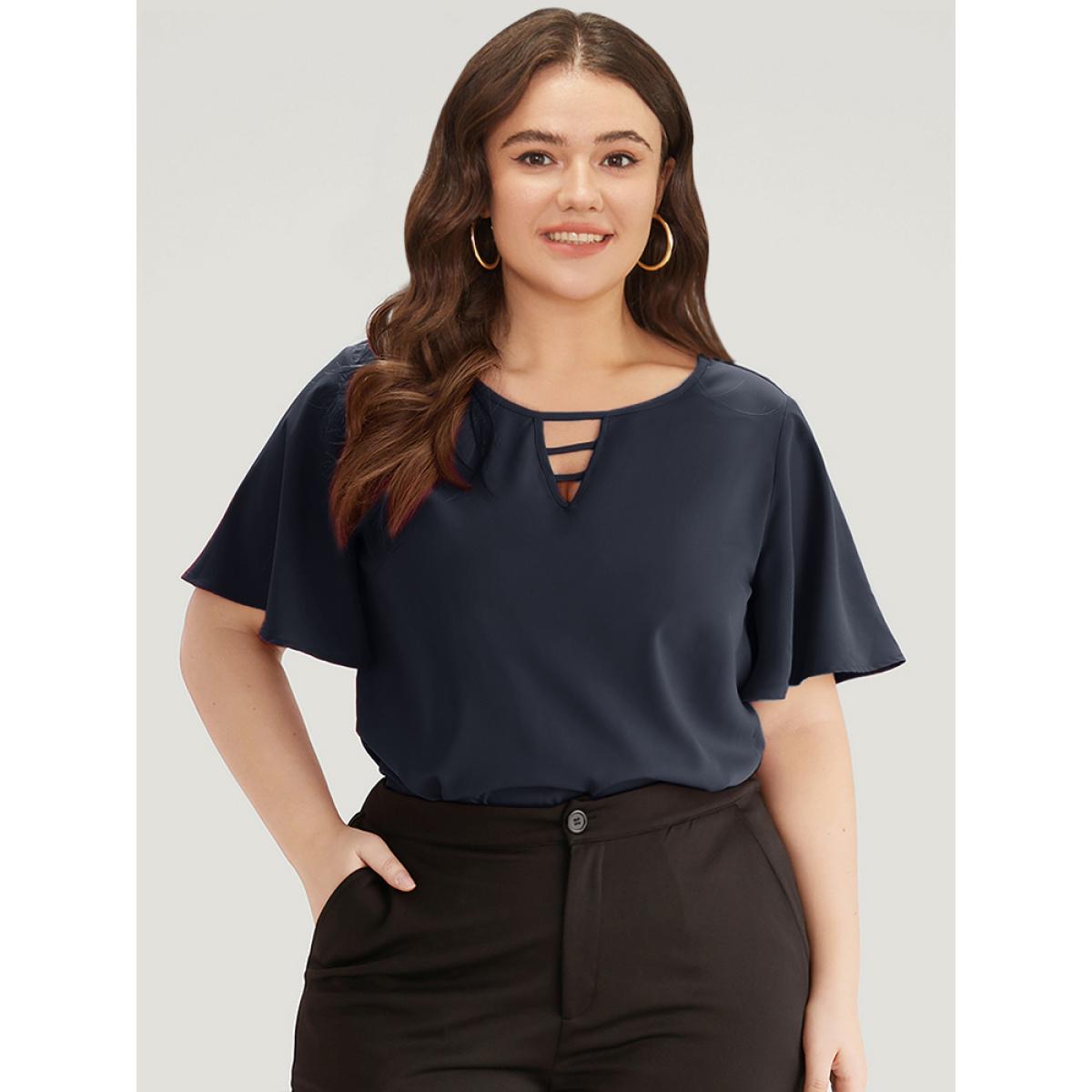Plus Size Indigo Plain Ruffle Sleeve Cut Out Blouse Women Office Short sleeve Keyhole Cut-Out Office Blouses BloomChic 26/4X Product Image