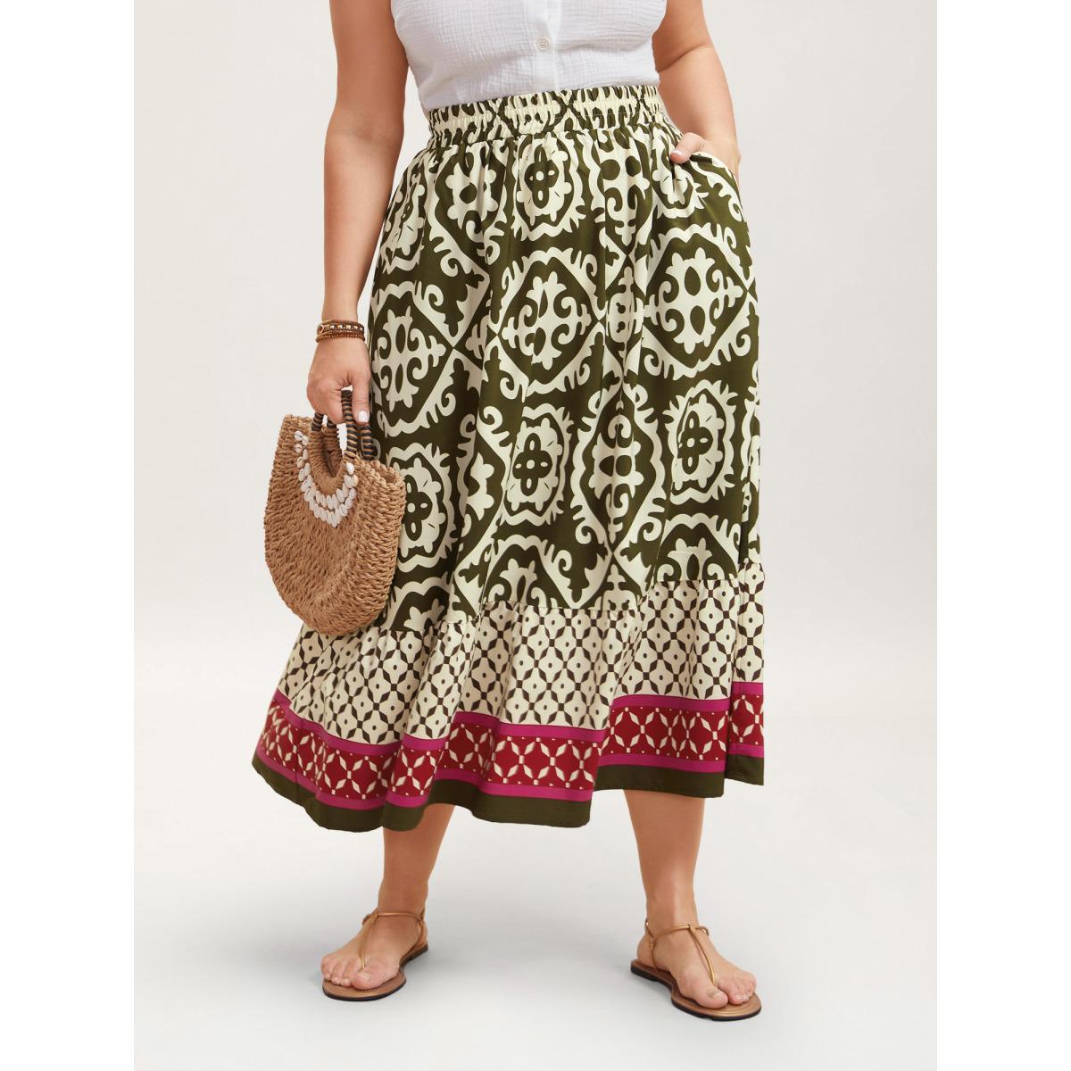 Plus Size Mixed Ornate Print Contrast Maxi Skirt Women Moss Resort Contrast Loose No stretch Slanted pocket Vacation Skirts BloomChic 14-16/1X Product Image