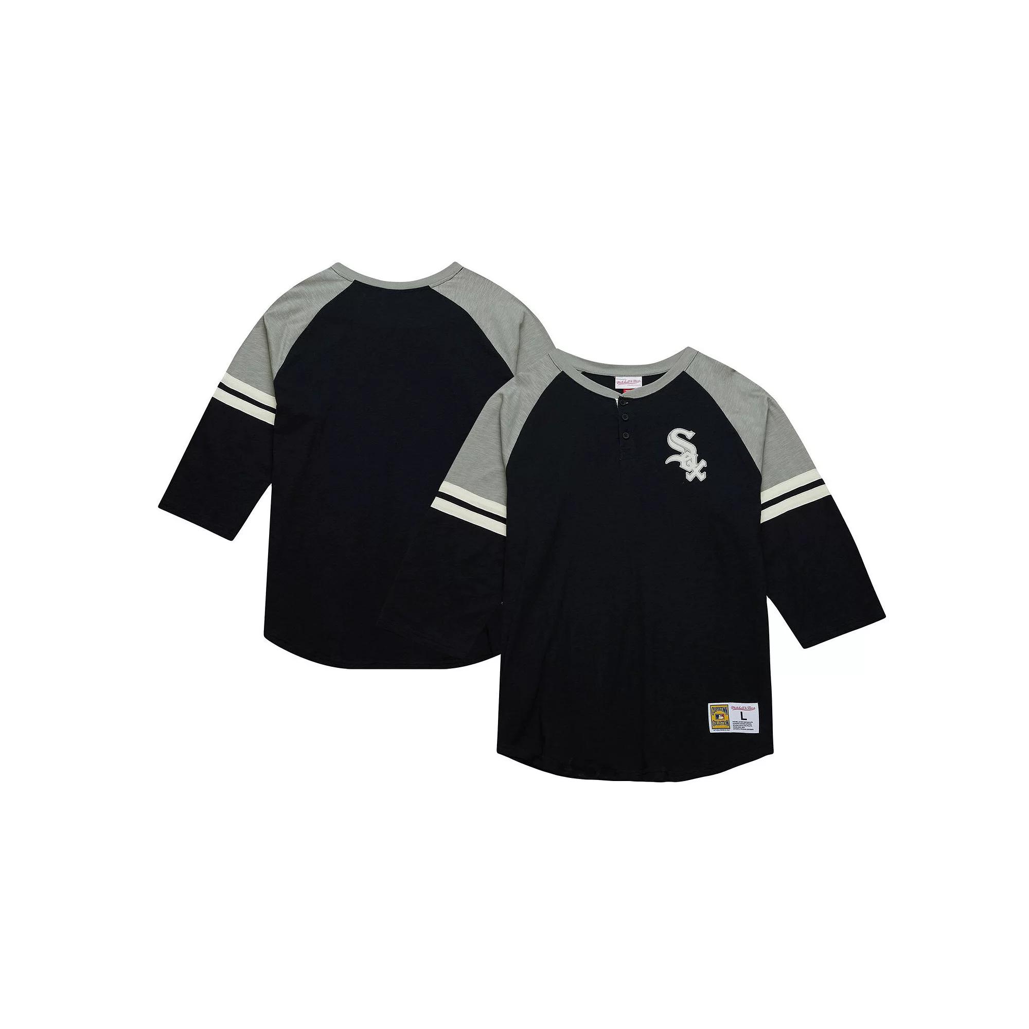Men's Mitchell & Ness Black Chicago White Sox Cooperstown Collection Legendary Raglan Slub Henley 3/4-Sleeve T-Shirt,  Product Image
