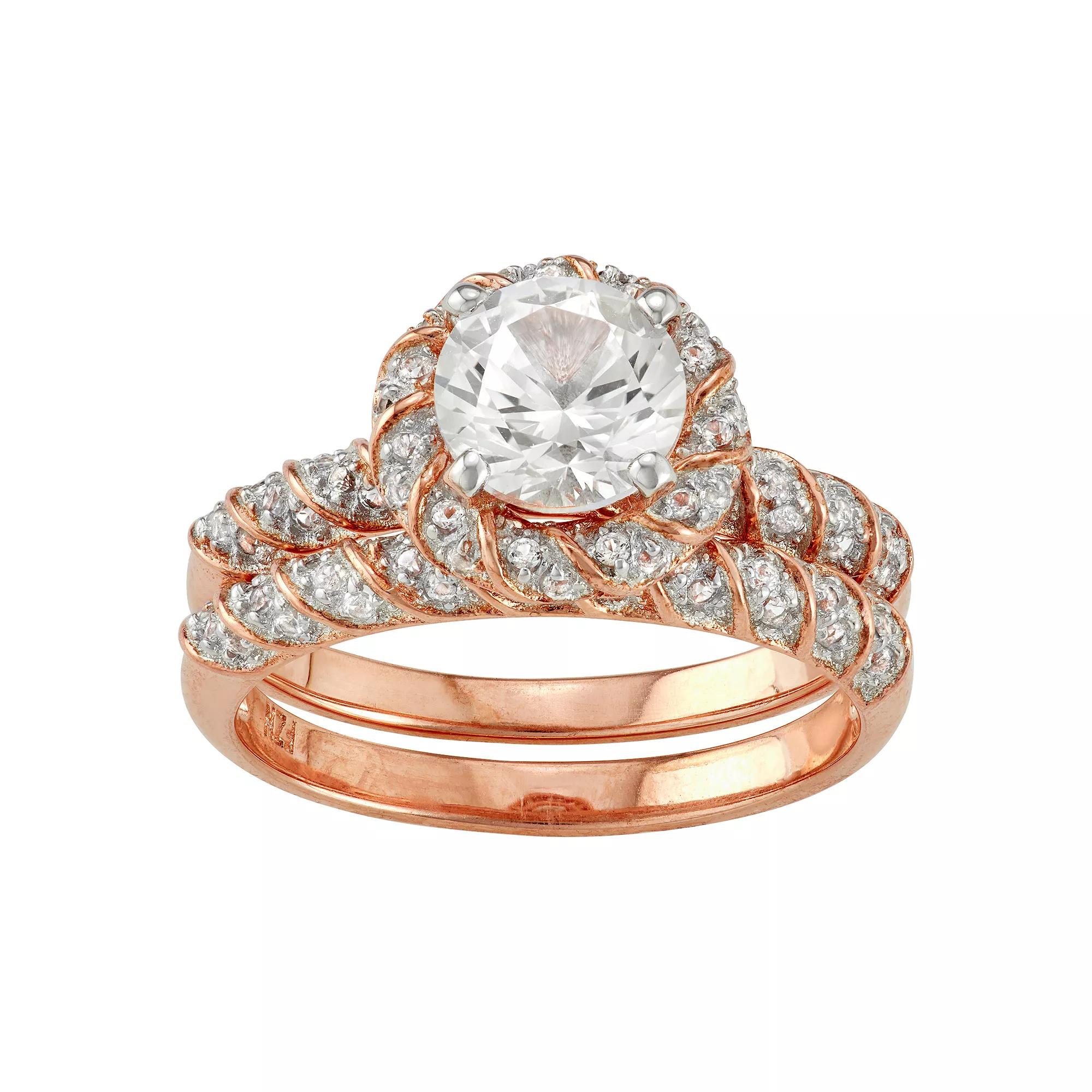 Designs by Gioelli Lab-Created White Sapphire Halo Ring Set, Women's, Size: 6, Pink Tone Product Image