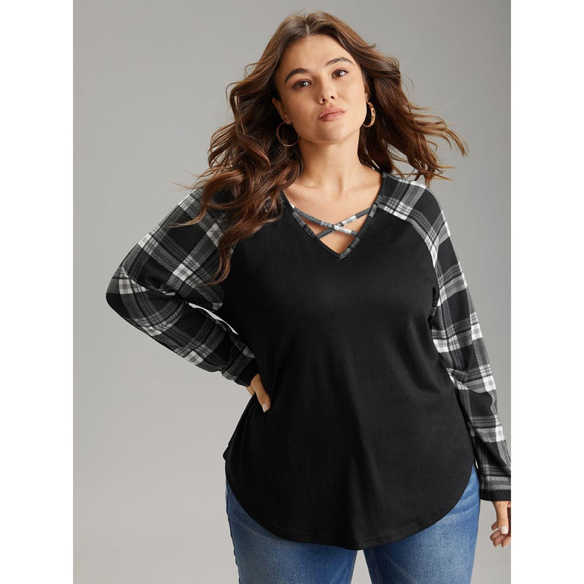 Plus Size Plaid Patchwork Raglan Sleeve Crisscross T-shirt Black Women Leisure Patchwork Plaid V-neck Casual T-shirts BloomChic 18-20/2X Product Image