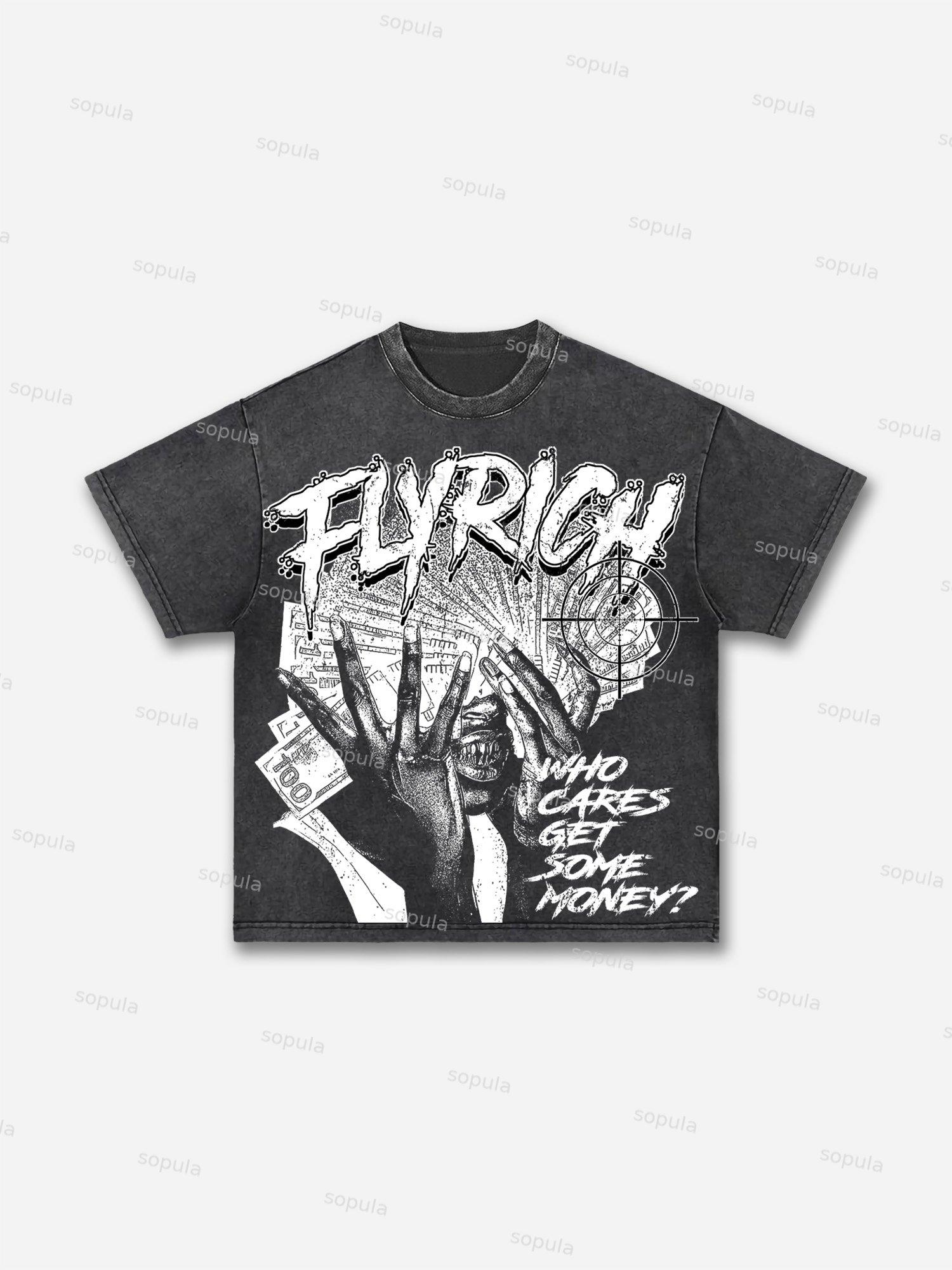 Fly Rich Get Some Money Print Acid Wash T-shirt Product Image