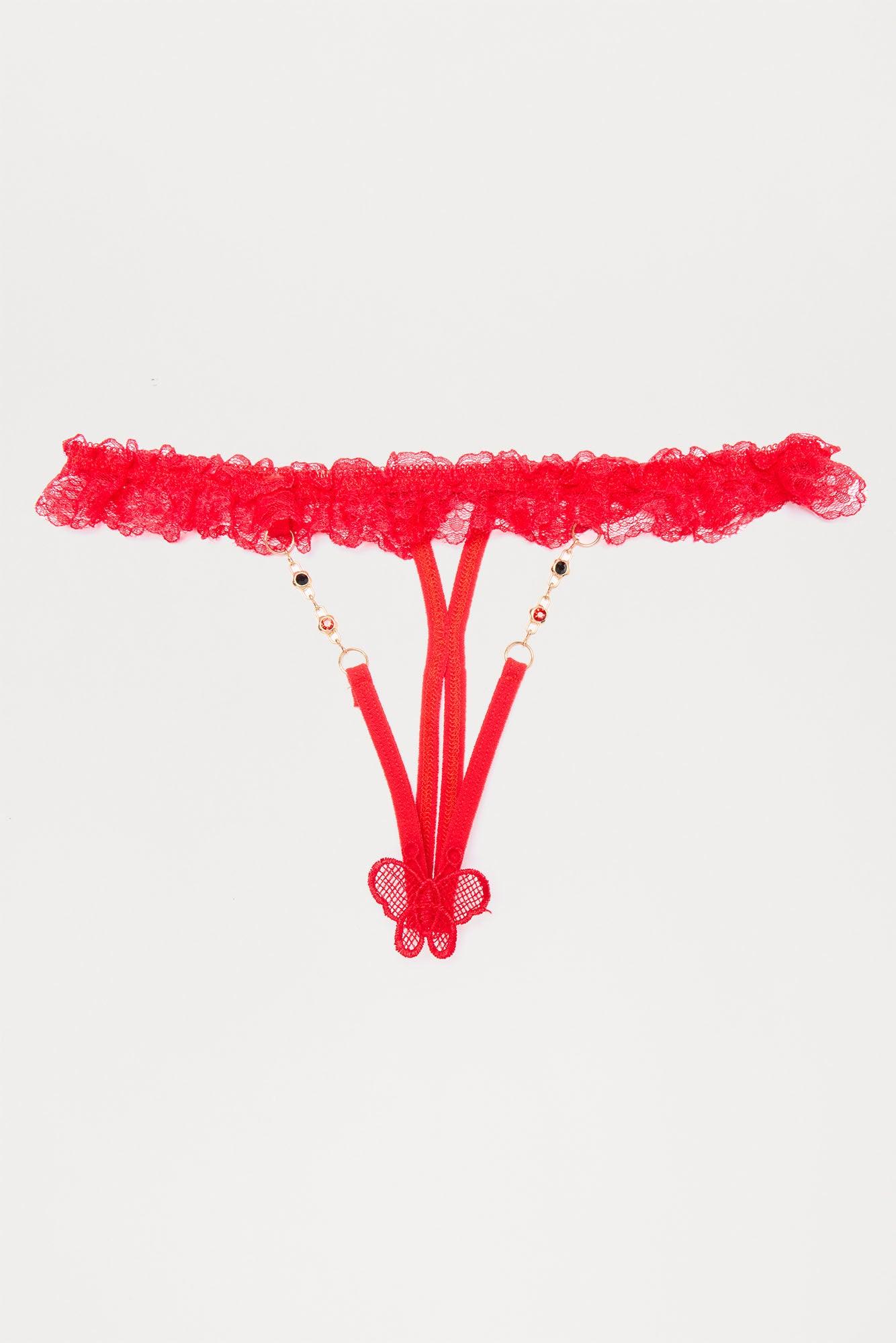 Portia Rhinestone Crotchless Thong Panty - Red Female Product Image