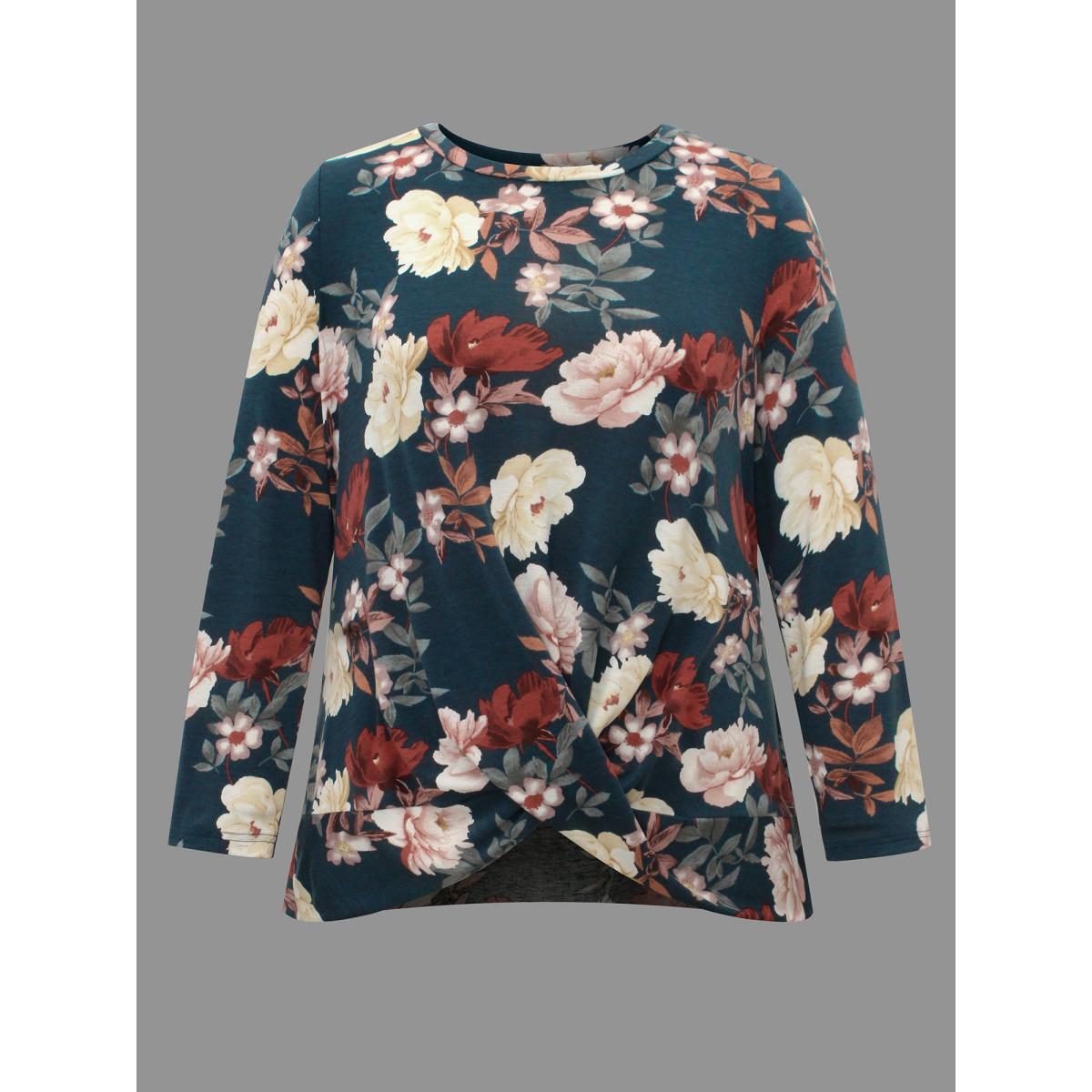 Plus Size Floral Crew Neck Twist Front T-shirt Multicolor Women Elegant Twist Natural Flowers Round Neck Everyday T-shirts BloomChic 22-24/3X Product Image