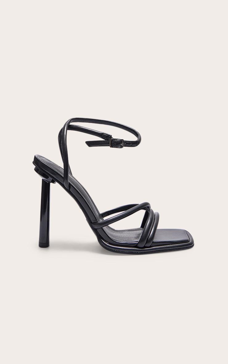 Black Pu Square Toe Edge Quilted Strap High Heeled Sandals Product Image