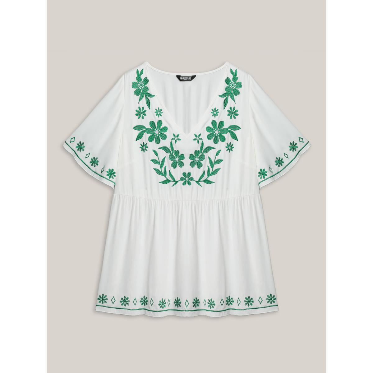 Plus Size WhiteSmoke Floral Embroidery Flared Flowy Blouse Women Short sleeve V-neck Elegant Blouses BloomChic 22-24/3X Product Image