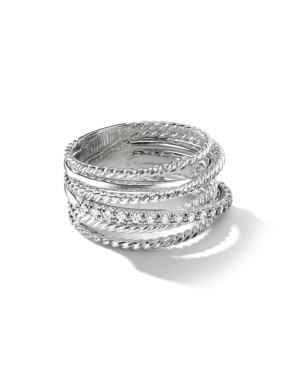 Crossover Ring with Pav Diamonds and Silver, 12mm Product Image