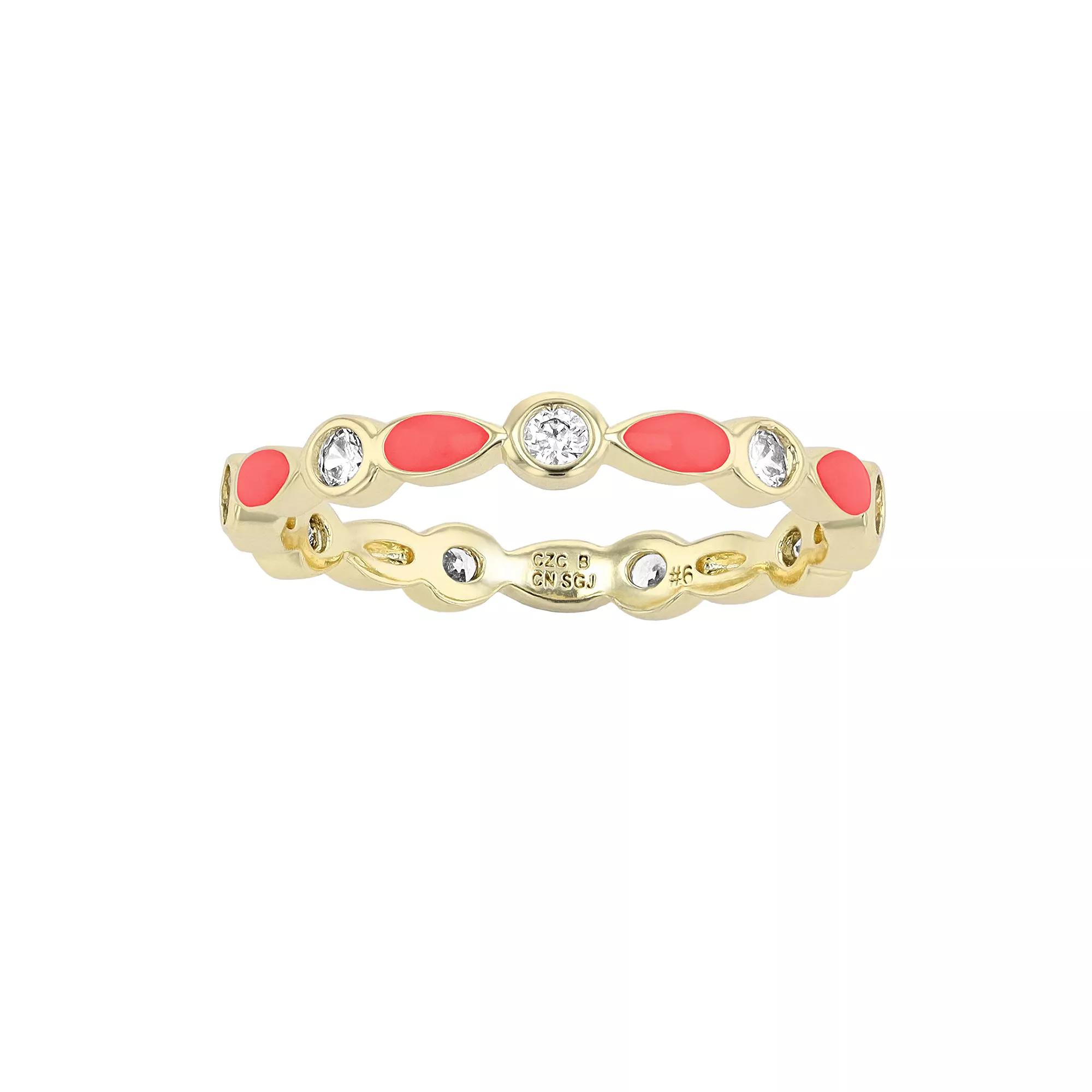 14k Yellow Gold Plated Clear Cubic Zirconia Colorful Marquise Enamel Stacking Ring, Womens, Red, 4 Product Image