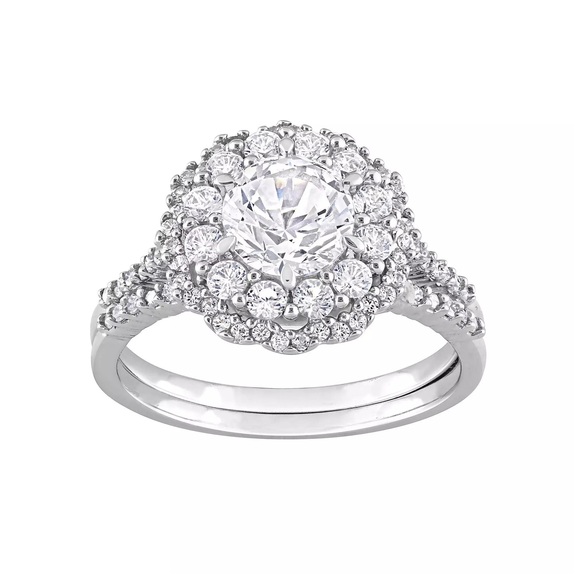 Stella Grace 10K White Gold Lab Created White Sapphire and 1/10 carat T.W. Diamond Halo Bridal Ring Set, Women's,  Product Image