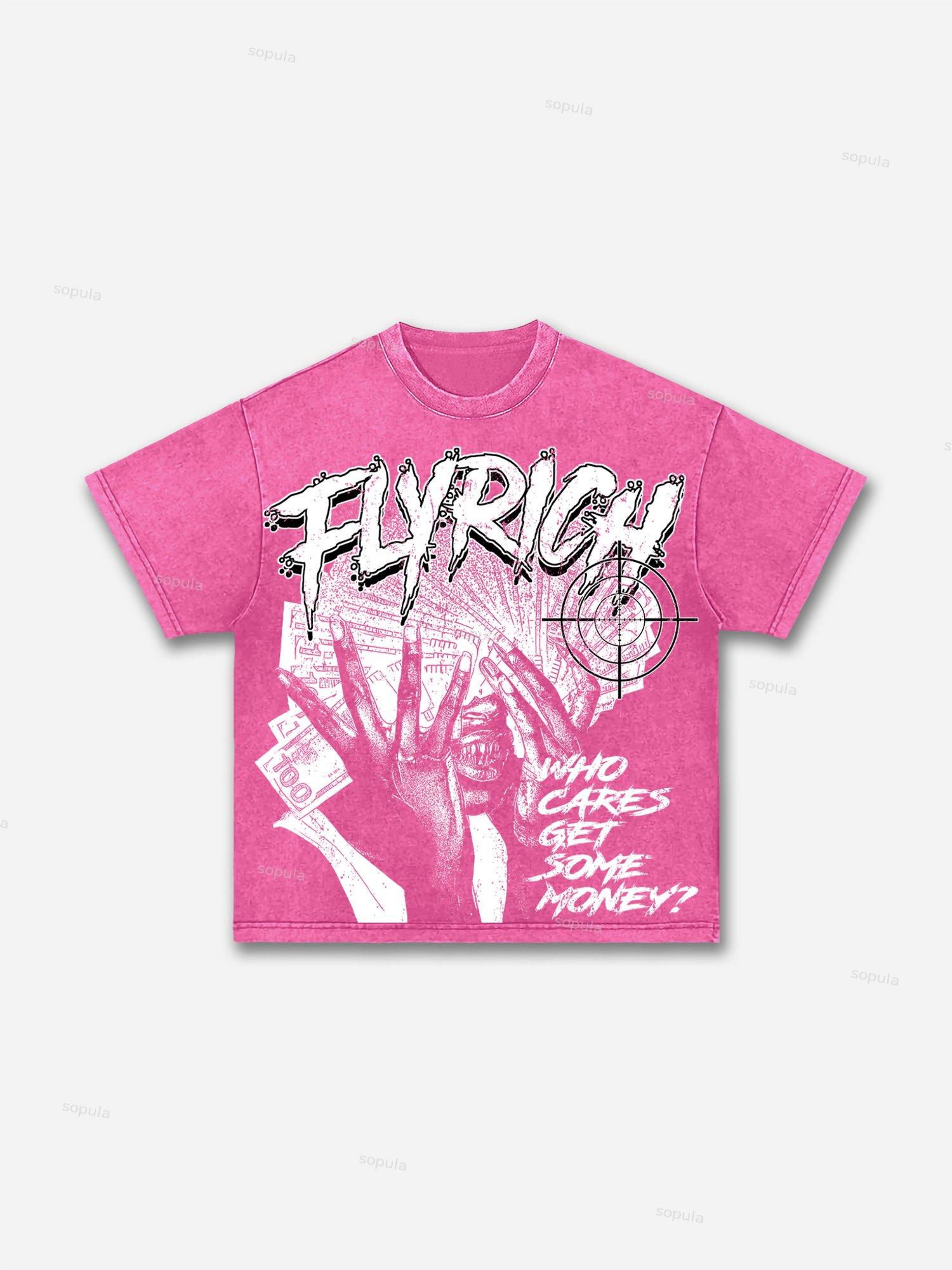 Fly Rich Get Some Money Print Acid Wash T-shirt Product Image