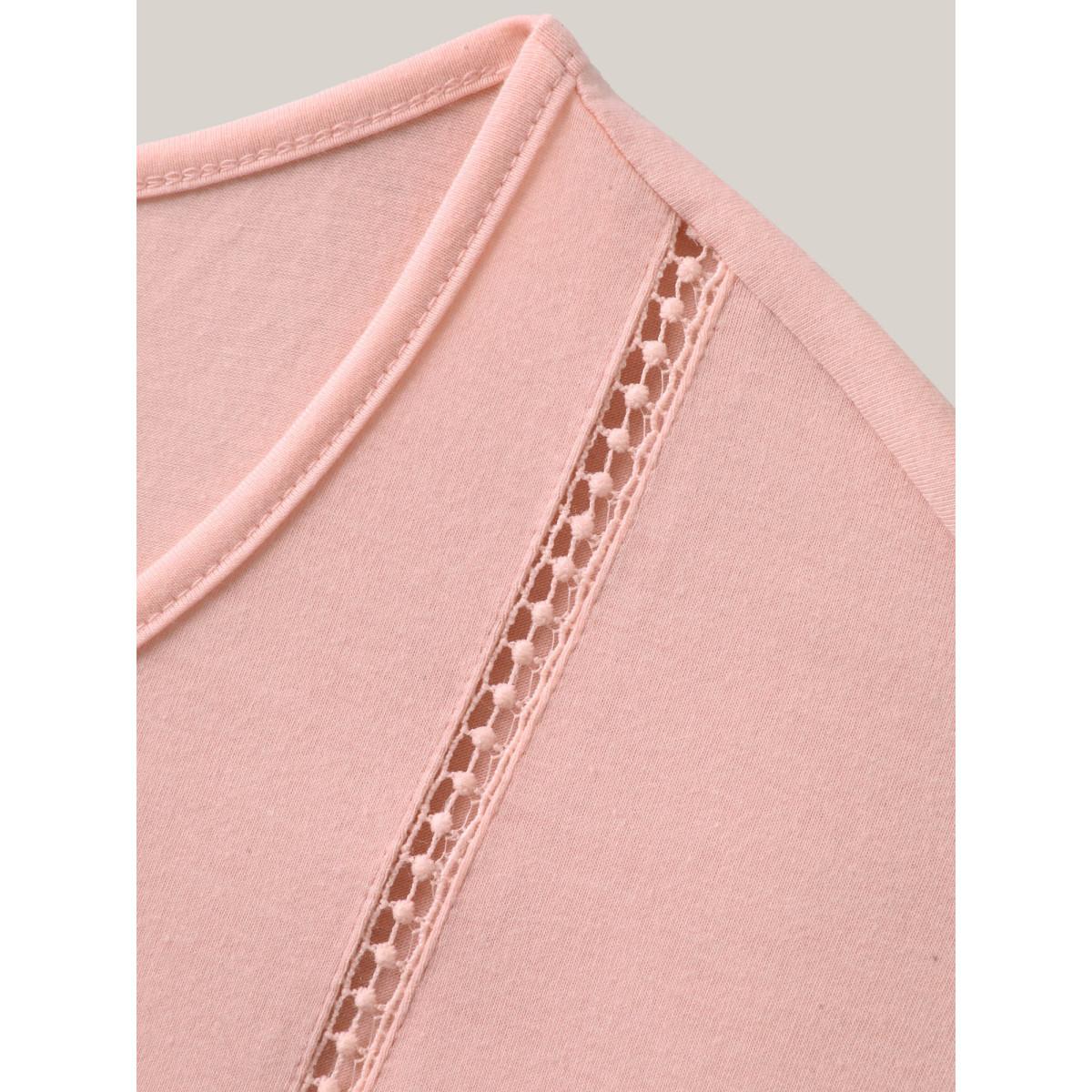 Plus Size Lace Trim Spliced Solid T-Shirt Nudepink Women Woven ribbon&lace trim Round Neck Casual T-shirts BloomChic 18-20/2X Product Image