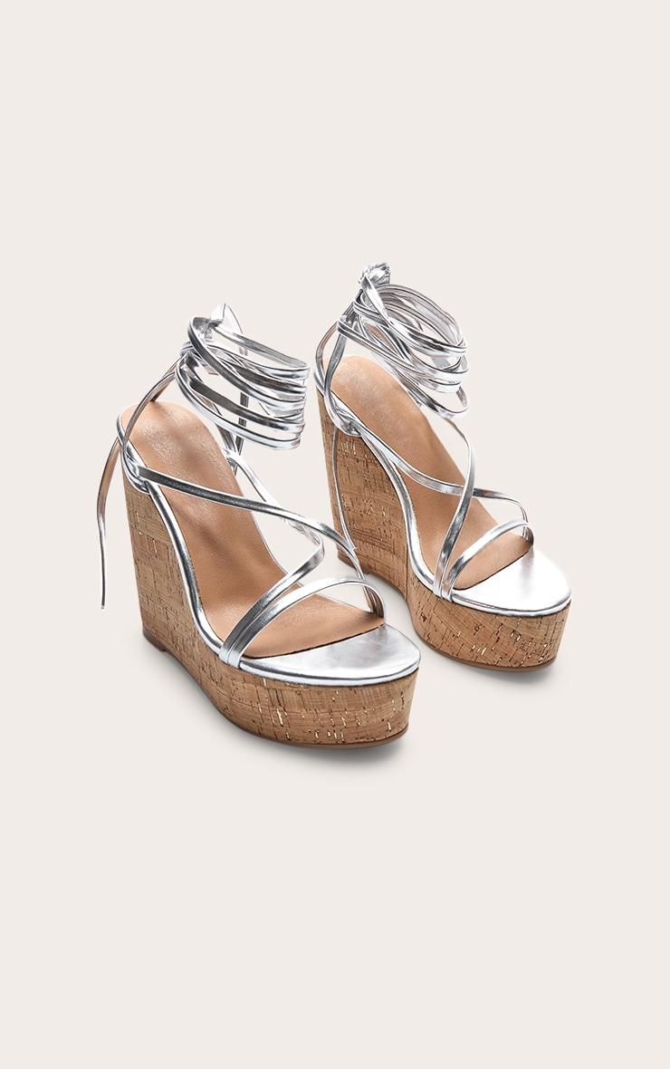 Silver Pu Strappy Lace Up High Heel Cork Wedges Product Image