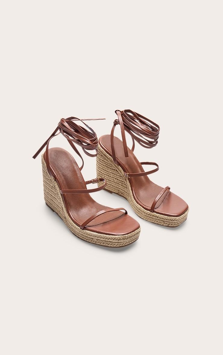 Tan Pu Square Toe Espadrille Lace Up High Heeled Wedges Product Image
