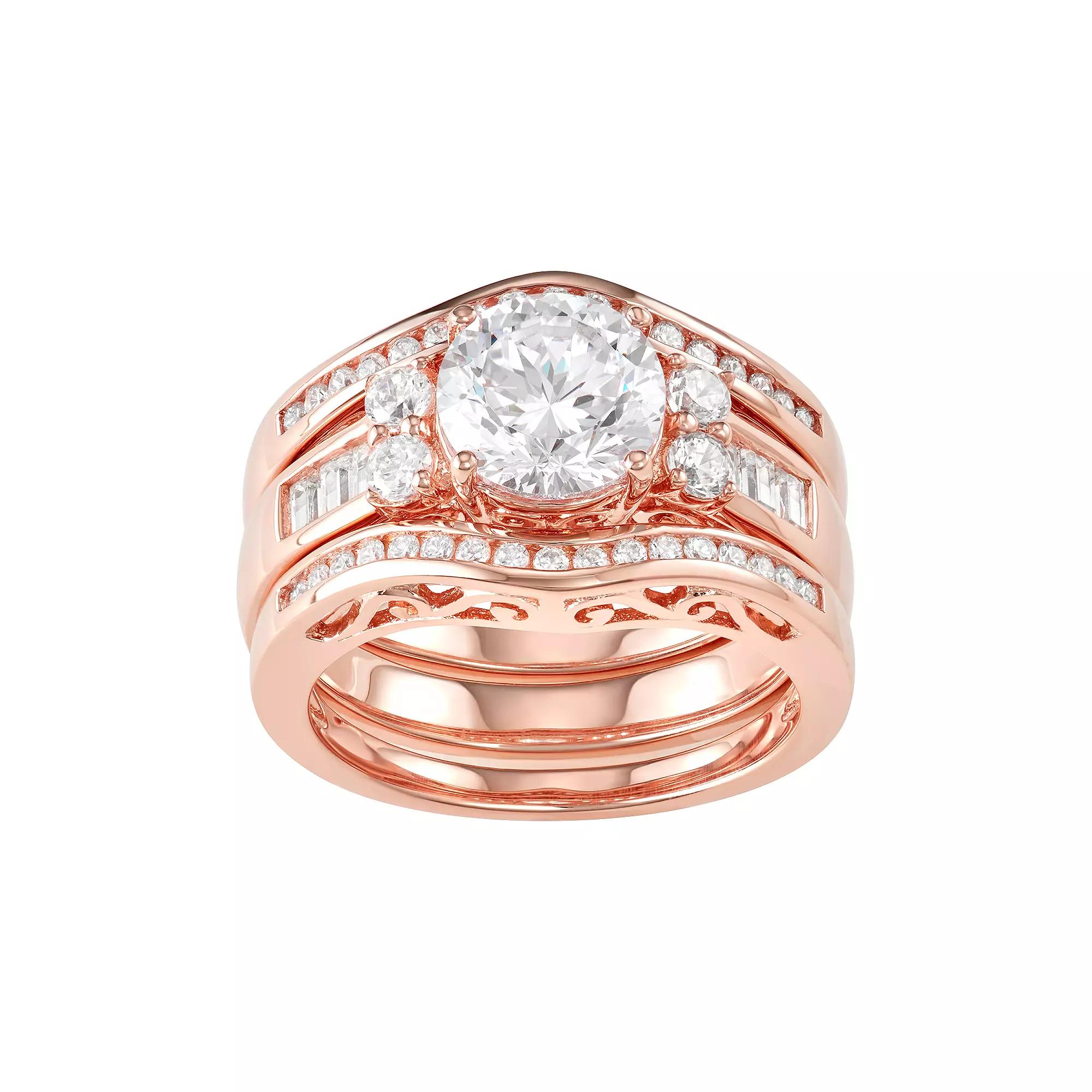 18K Gold over Sterling Silver Cubic Zirconia Ring Set, Women's, Size: 6, 14k Rose Gold Plated Product Image