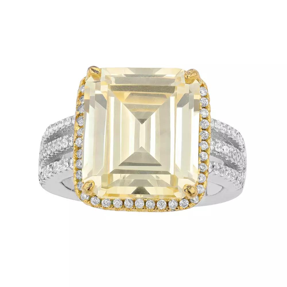 14k Gold Over Sterling Silver Yellow Cubic Zirconia Asscher Cut Triple Pave Ring, Womens Product Image