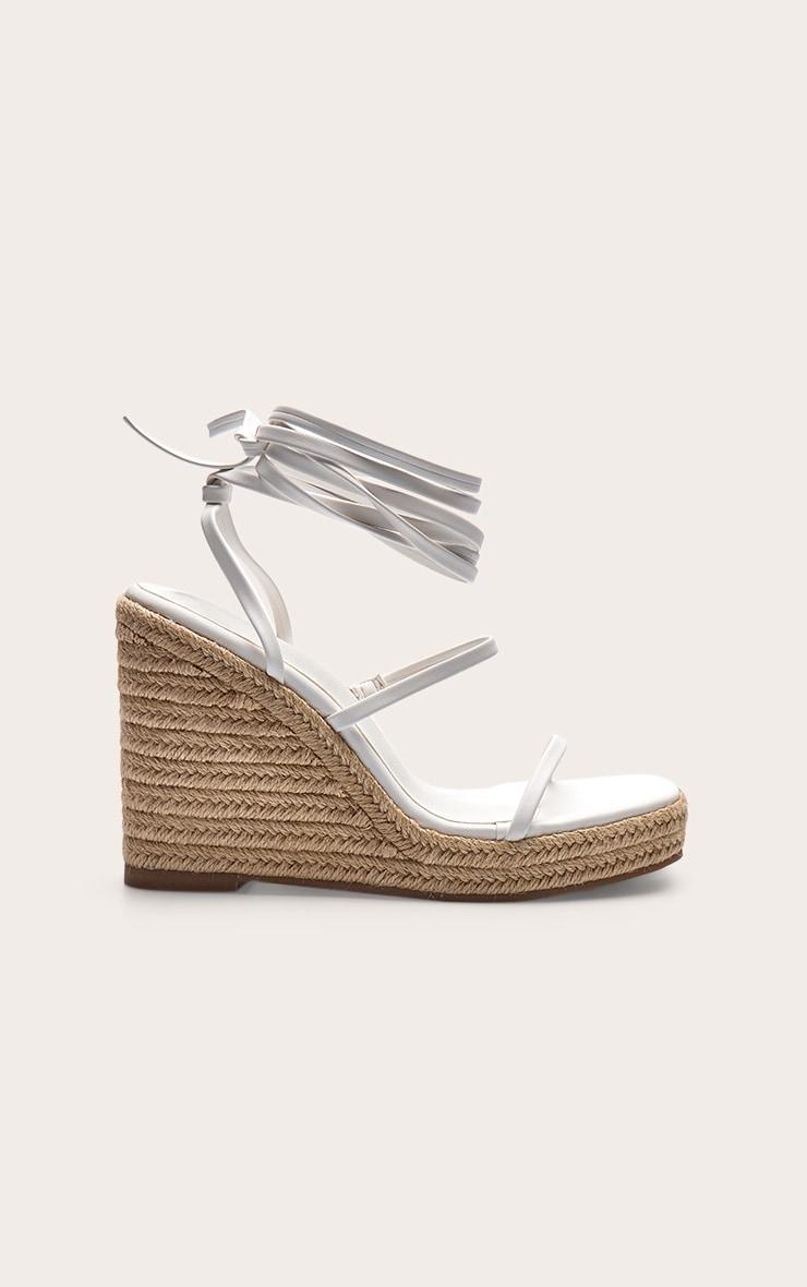 White Pu Square Toe Espadrille Lace Up High Heeled Wedges Product Image