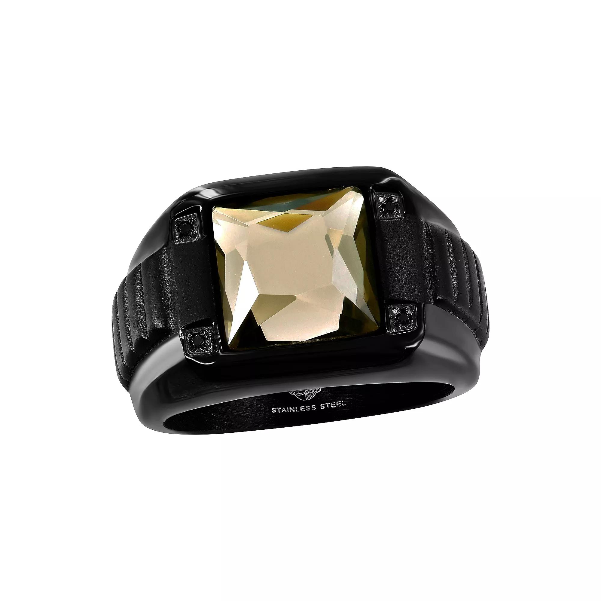 Men's Metallo Steel Gray Spinel Square Black Cubic Zirconia Ring,  Product Image