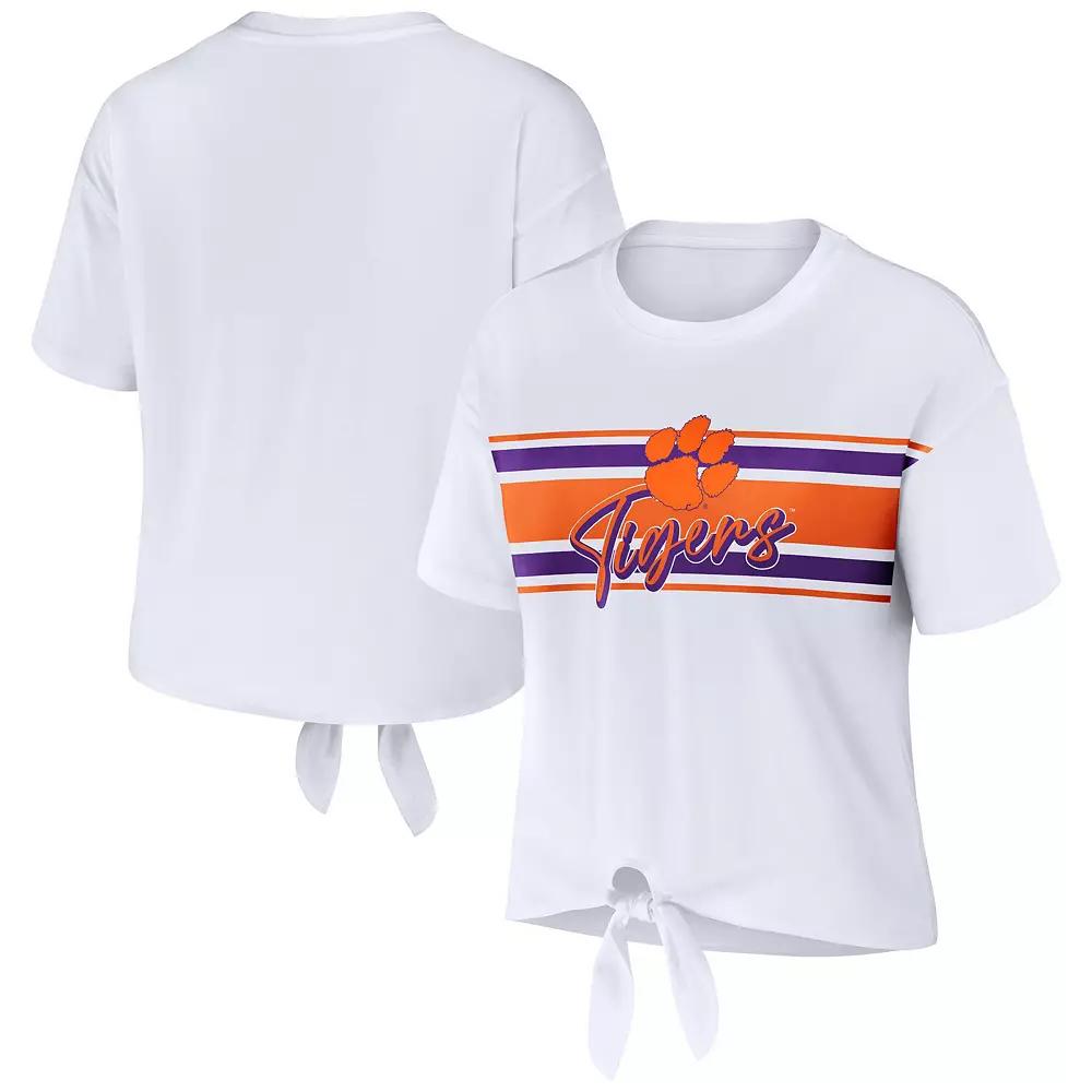 Women's WEAR by Erin Andrews White Clemson Tigers Striped Front Knot Cropped T-Shirt,  Product Image