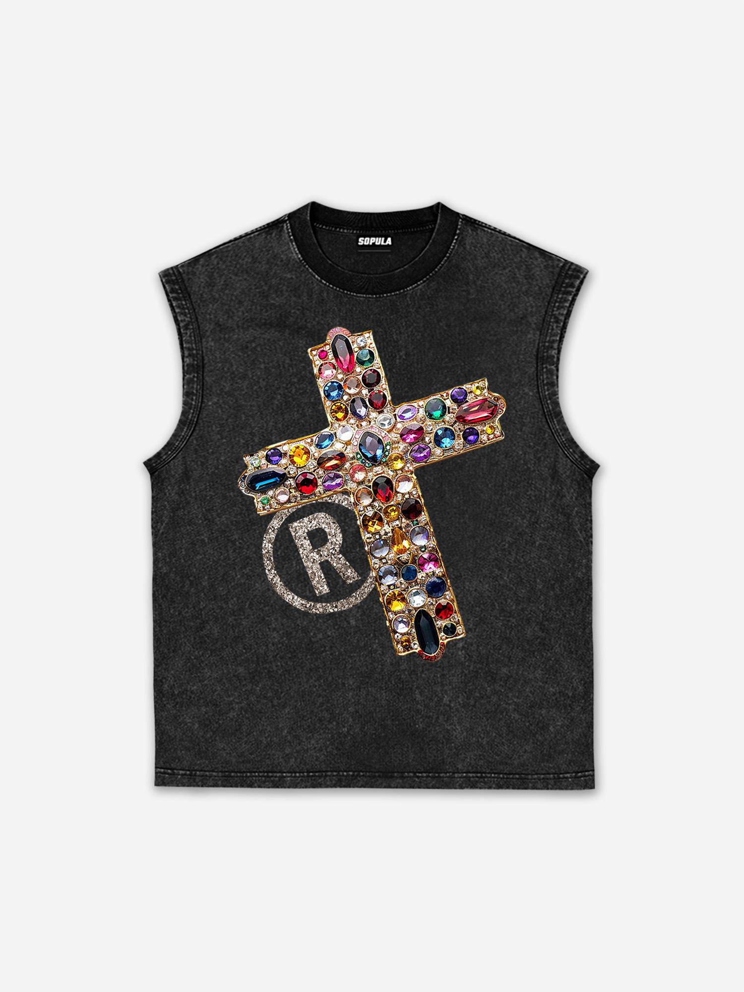 Sopula Men's Diamond Cross Graphic Acid Washed Sleeveless Tank Top Product Image