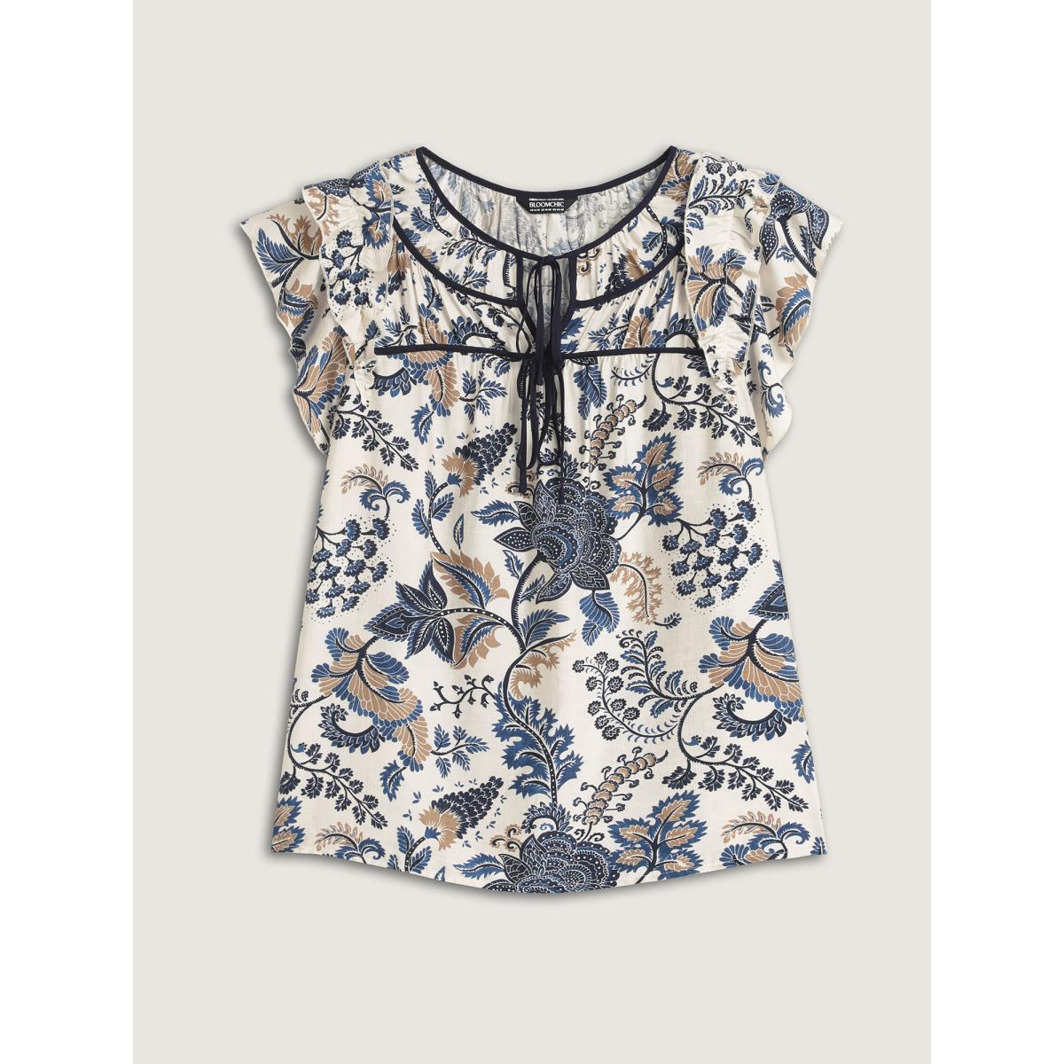 Plus Size Indigo Floral Print Contrast Neck Tie Blouse Women Cap Sleeve Round Neck Vacation Blouses BloomChic 18-20/2X Product Image
