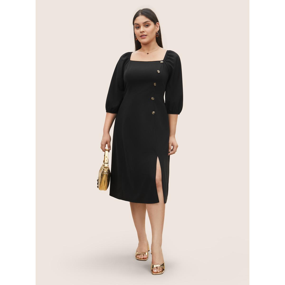 Plus Size Square Neck Button Detail Gathered Split Side Dress Black Women Workwear Essentials Non Square Neck Elbow-length sleeve Curvy Midi Dress BloomChic 18-20/2X Product Image