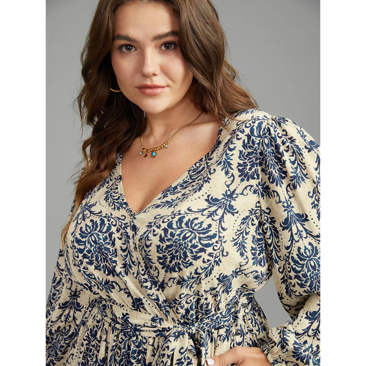Plus Size Supersoft Essentials Boho Print Elastic Waist Belted Dress Indigo Women Vacation Elastic cuffs Overlap Collar Long Sleeve Curvy Midi Dress BloomChic 12/L Product Image