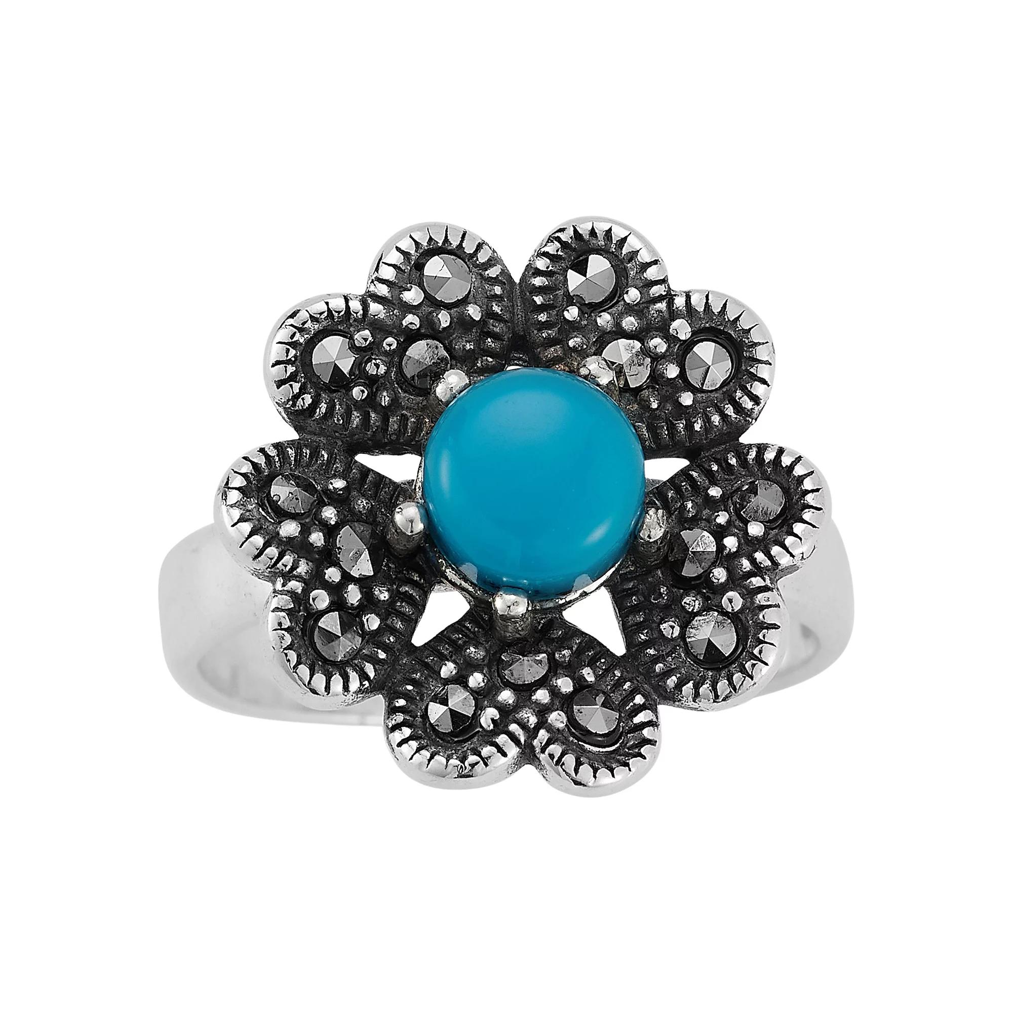 Sunkissed Sterling Sterling Silver Oxidized Turquoise & Cubic Zirconia Flower Ring, Women's,  Product Image