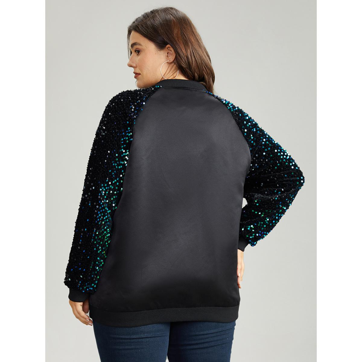 Plus Size Sequin Detail Patchwork Pocket Jacket Women Black Elastic cuffs Pocket Dailywear Jackets BloomChic 30/6X Product Image